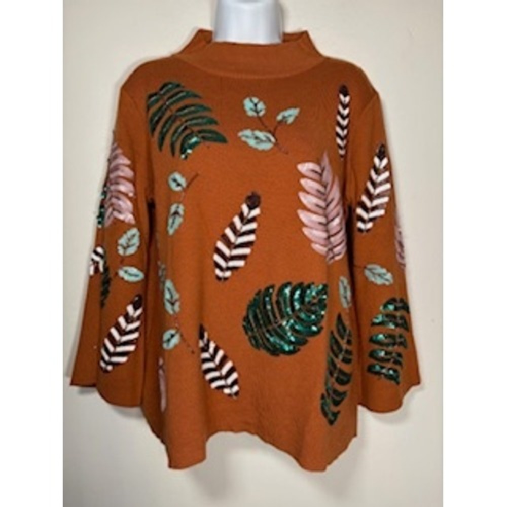 FATE Sweater Small Orange Sequin Leaf Feather Mock Neck Bell Sleeve Boho Fall